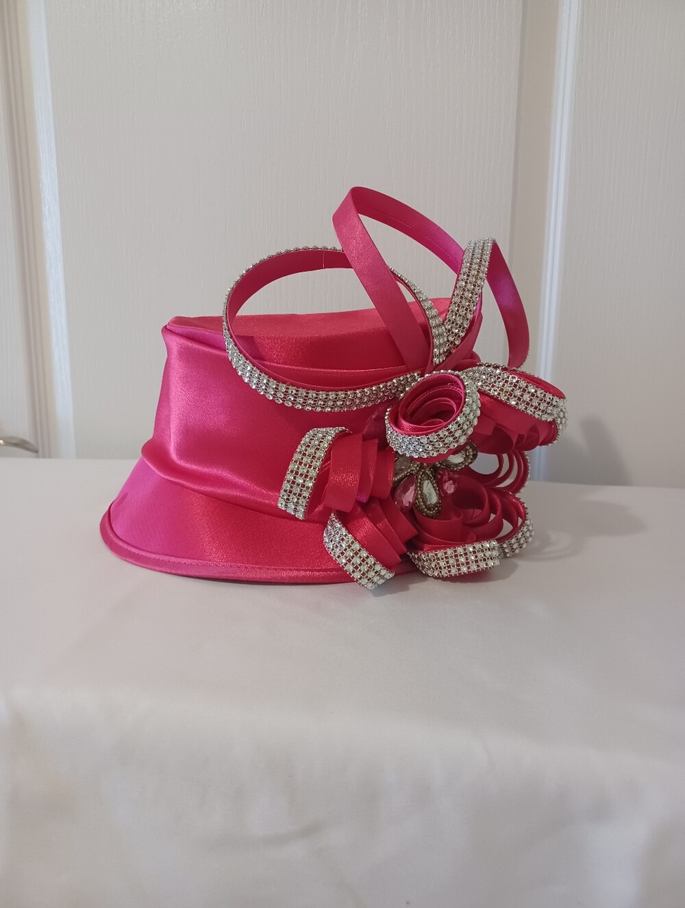Hot Pink Satin Cocktail Fascinator with Crystal Accents